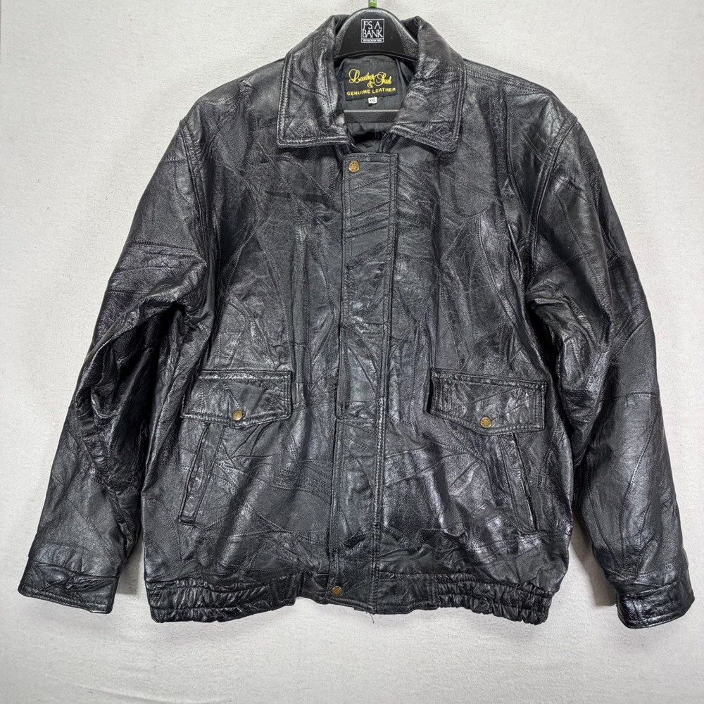 Leather & Soul Jacket Mens XXL Good Black Patchwork Leather Bomber Moto Vintage
